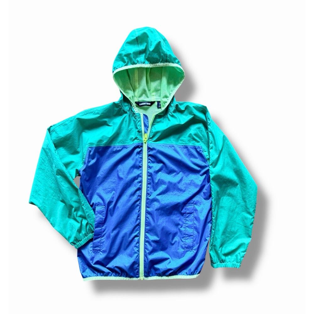 Lands End Girls Sz. M 8-10 Windbreaker Zip Lightweight Jacket Teal/Blue Packable